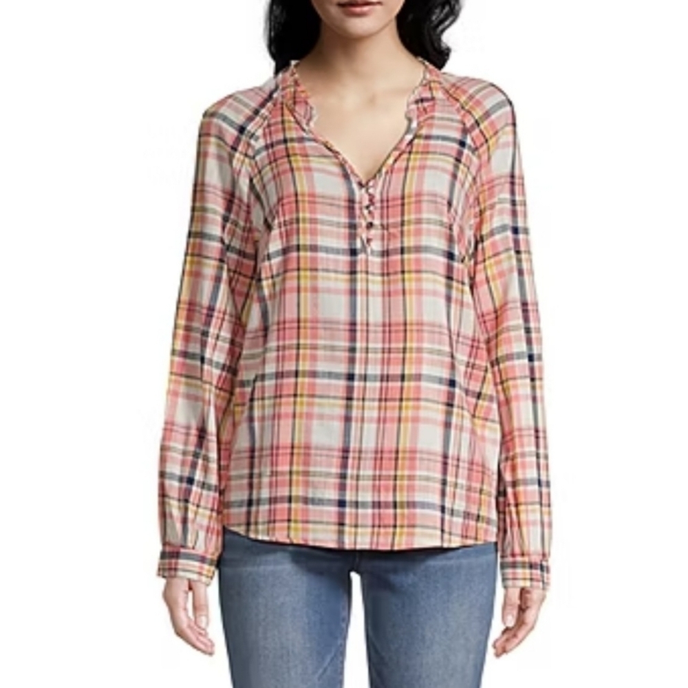 St. John's Bay Henley Neck Long Sleeve Blouse Coral Warm Plaid Size M